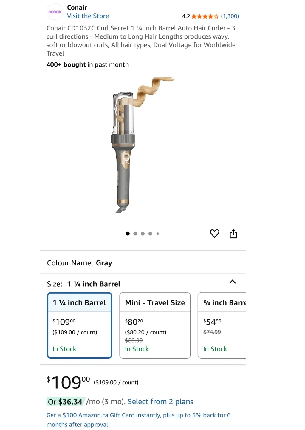 Conair Curl Secret 1 1/4 inch Auto Hair Curler - Gray