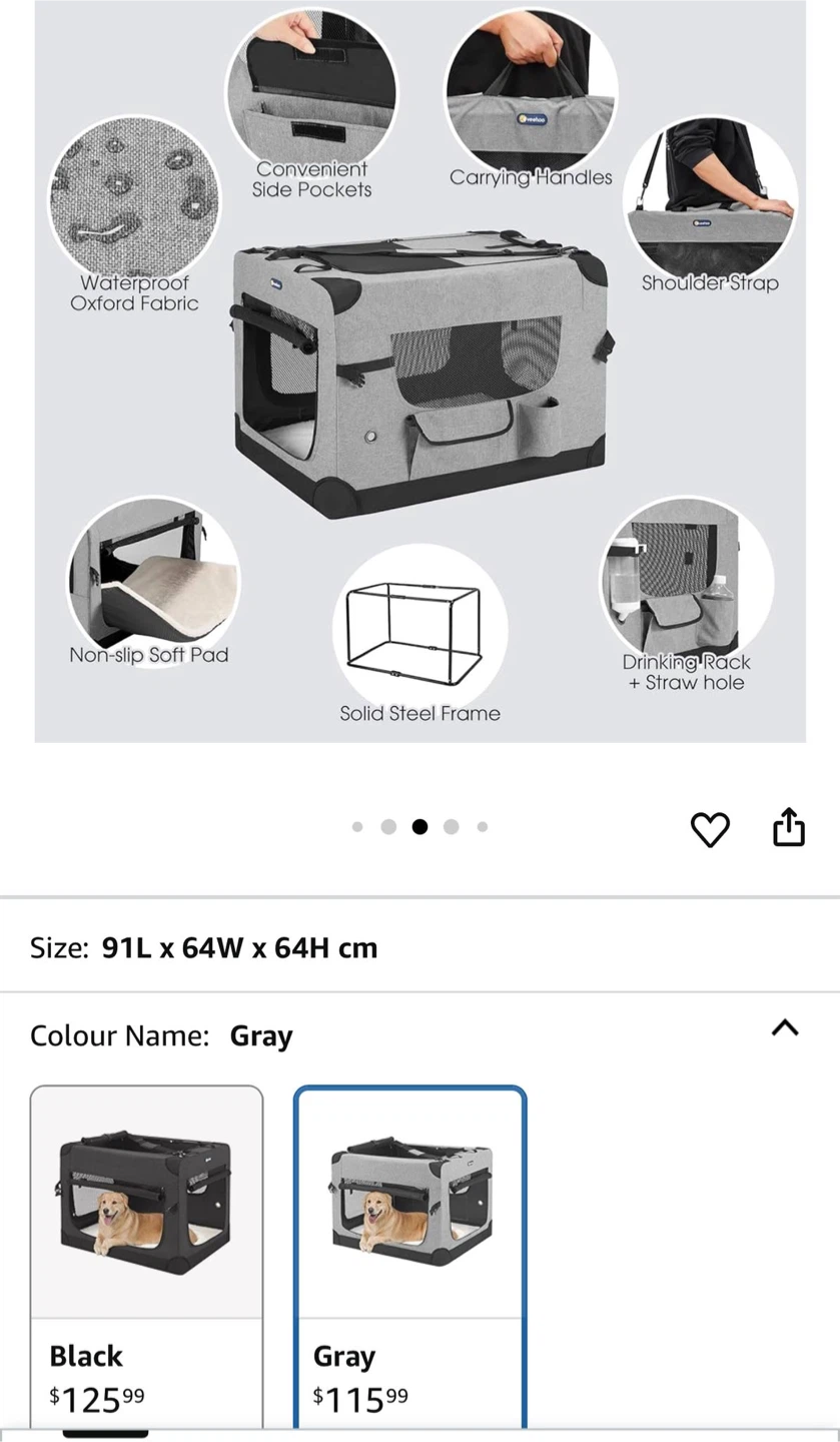 Vehoo Folding Dog Crate - Grey 36x25x25 inch
