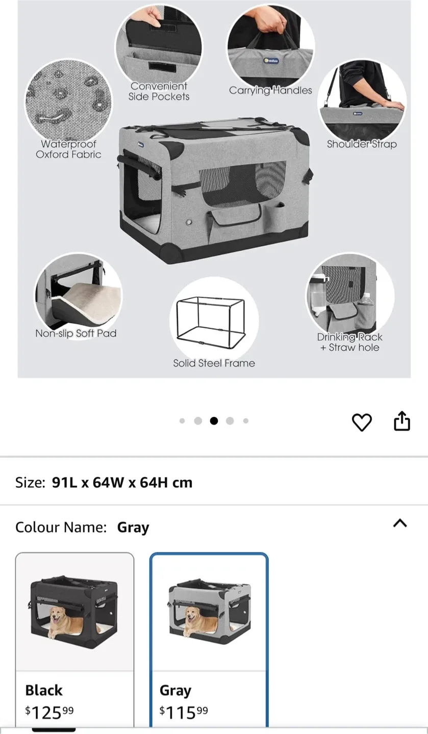 Vehoo Folding Dog Crate - Grey 36x25x25 inch