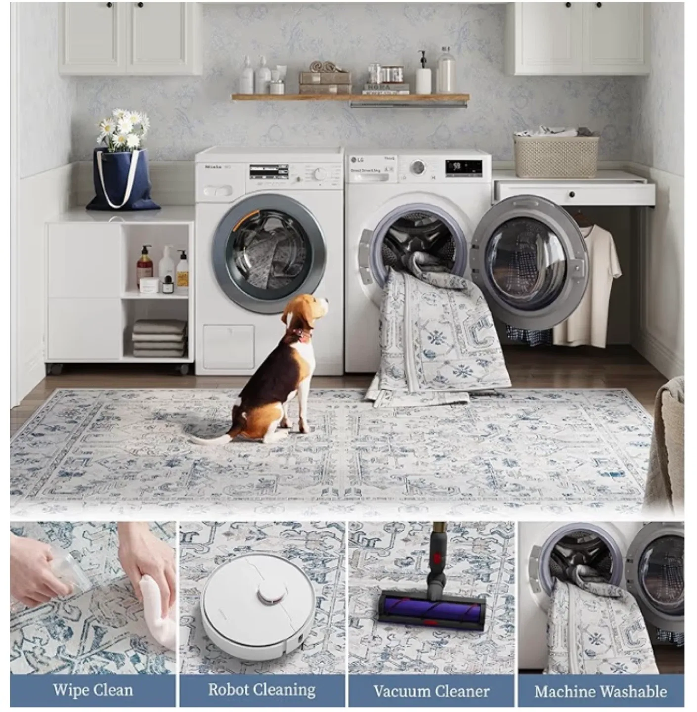 New 6x9 Area Rug Washable Boarder Blue image indicator(2)