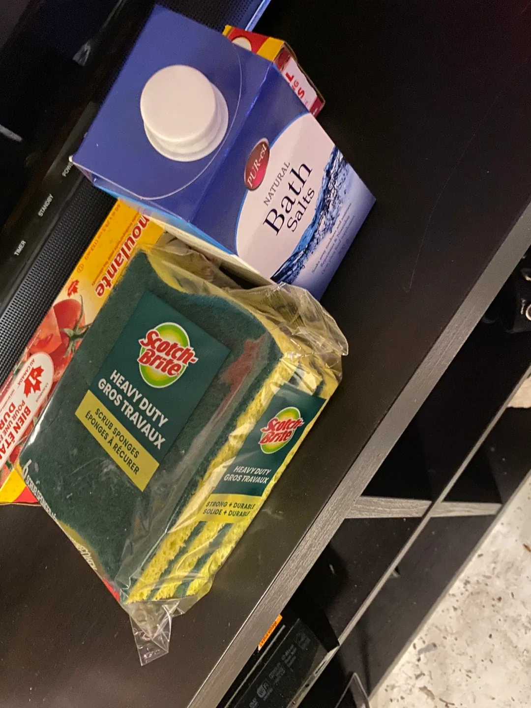 Scotch-Brite Heavy Duty Scrub Sponges, bath salts and glad wrap