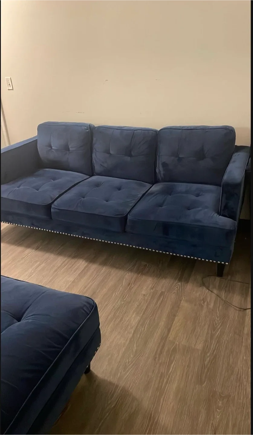 Navy Blue Velvet Sofa & Ottoman Set