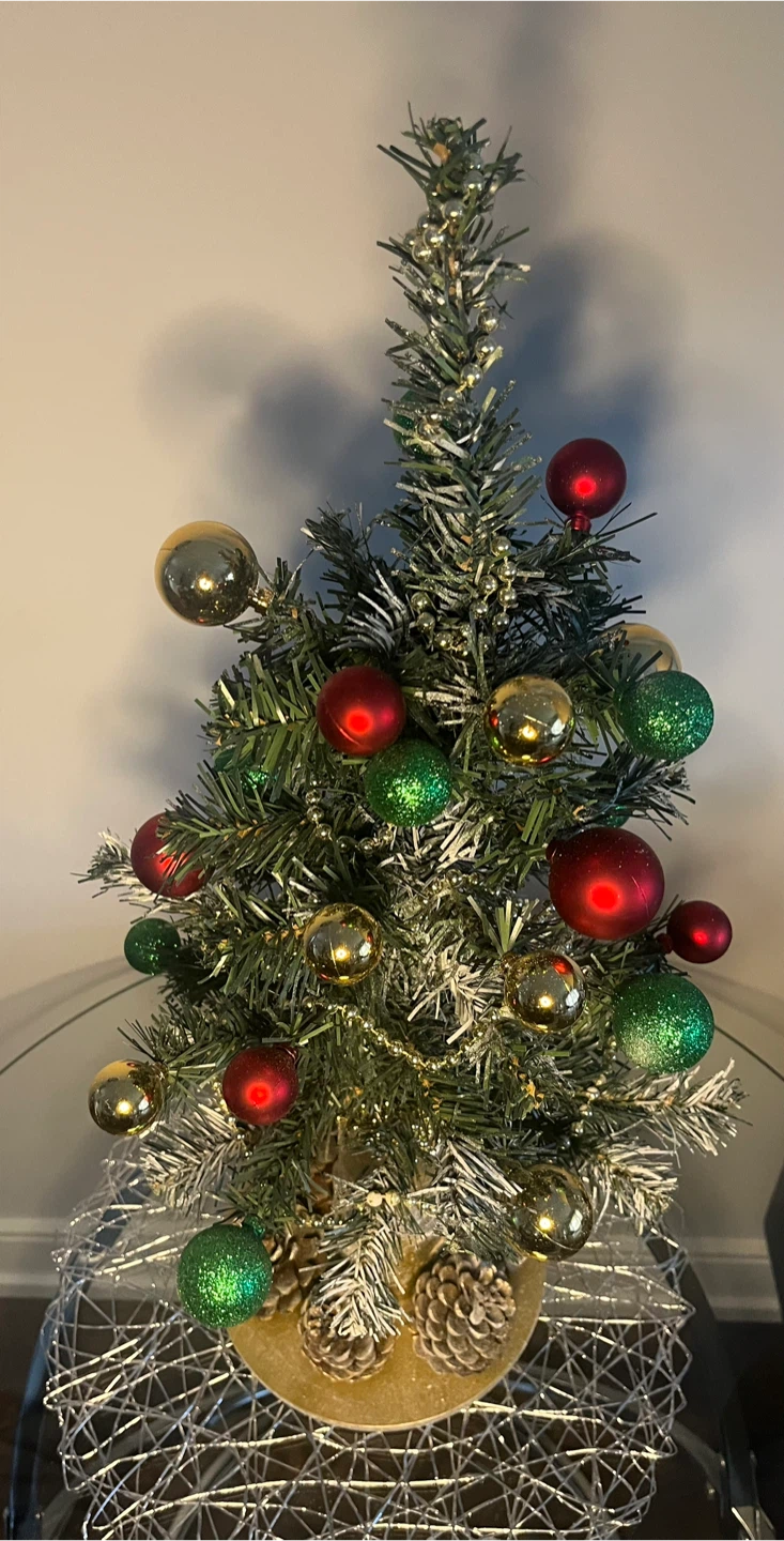 A Handmade Small Christmas Tree with Ornaments