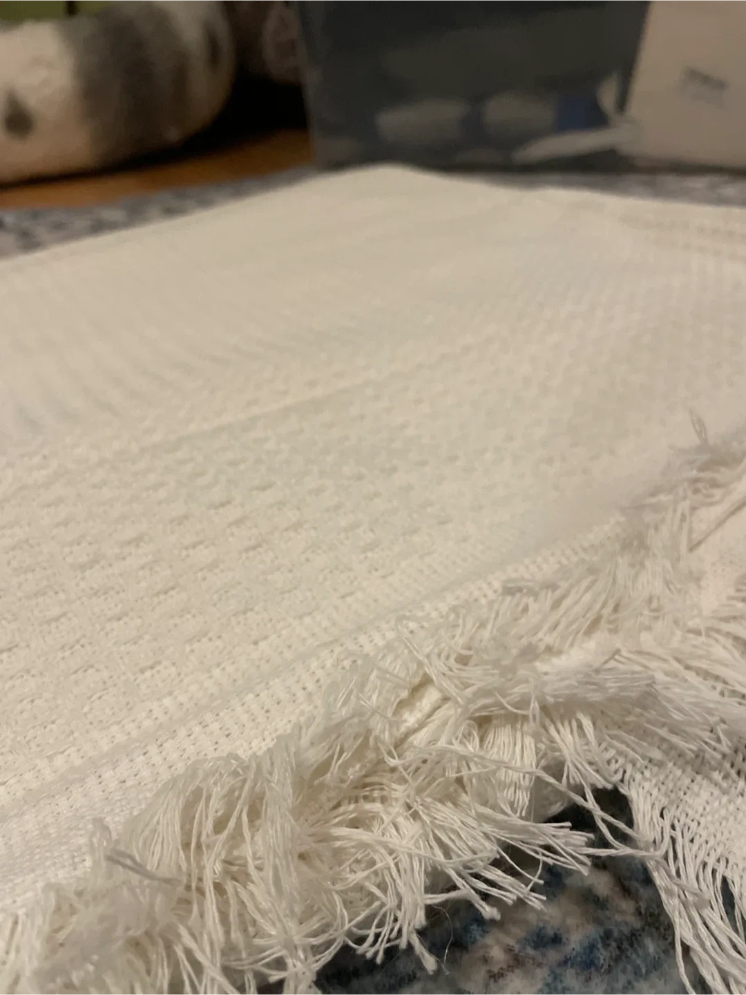 New White Waffle Weave Blanket with Fringe - 59x35" image indicator(4)