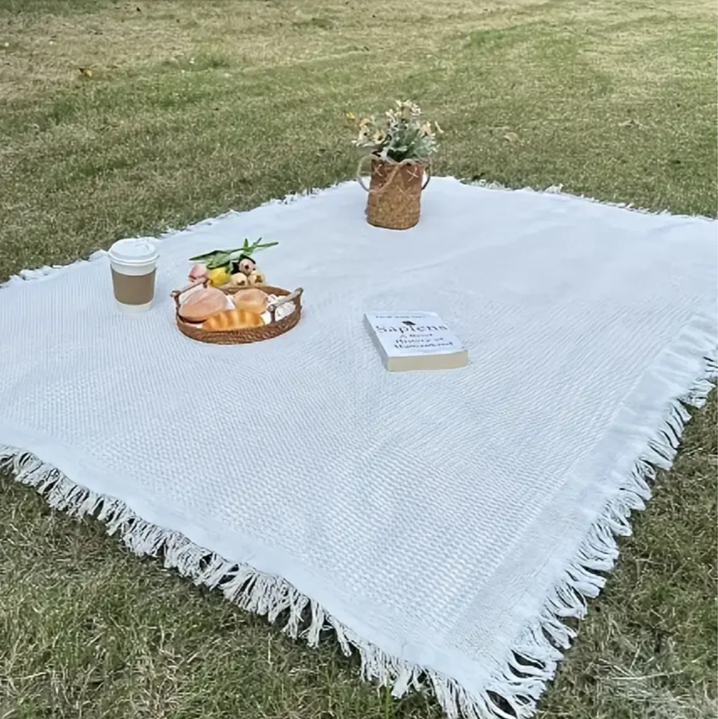 New White Waffle Weave Blanket with Fringe - 59x35"