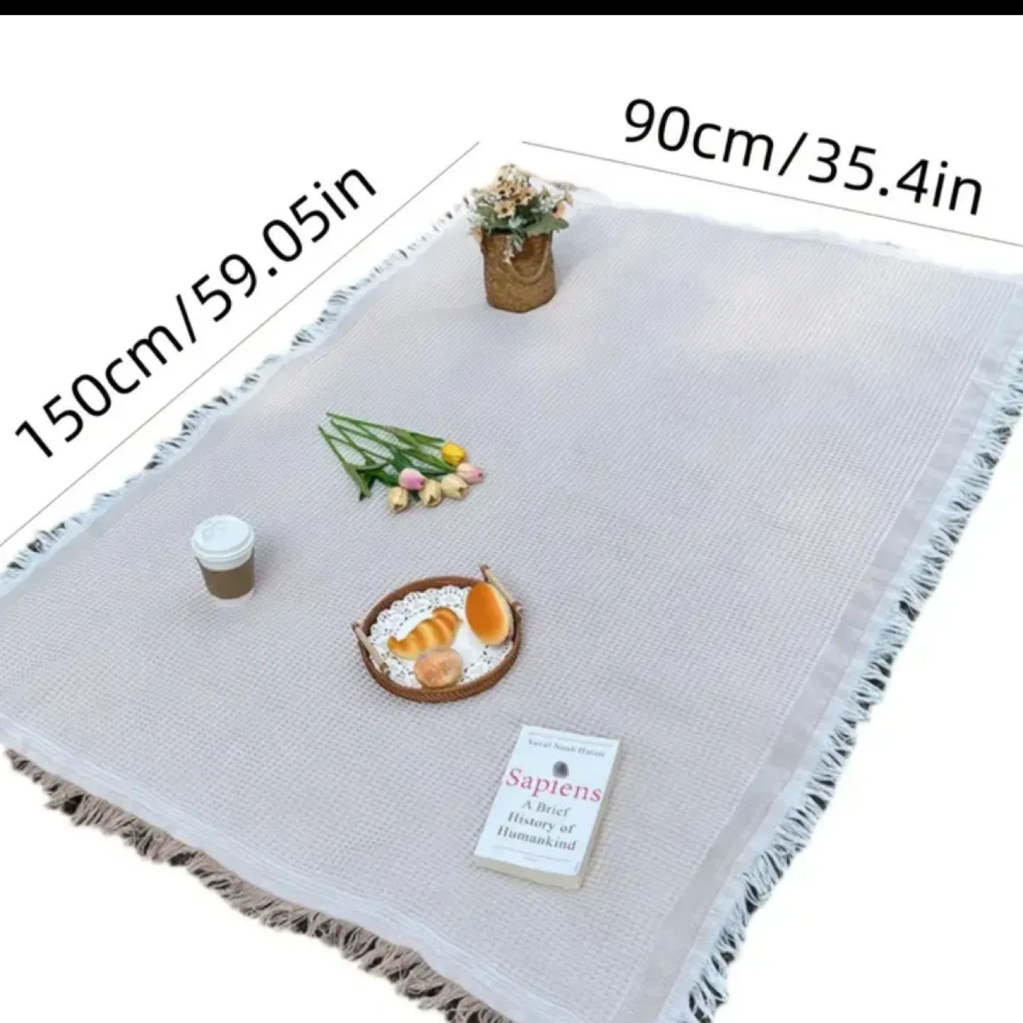 New White Waffle Weave Blanket with Fringe - 59x35" image indicator(5)