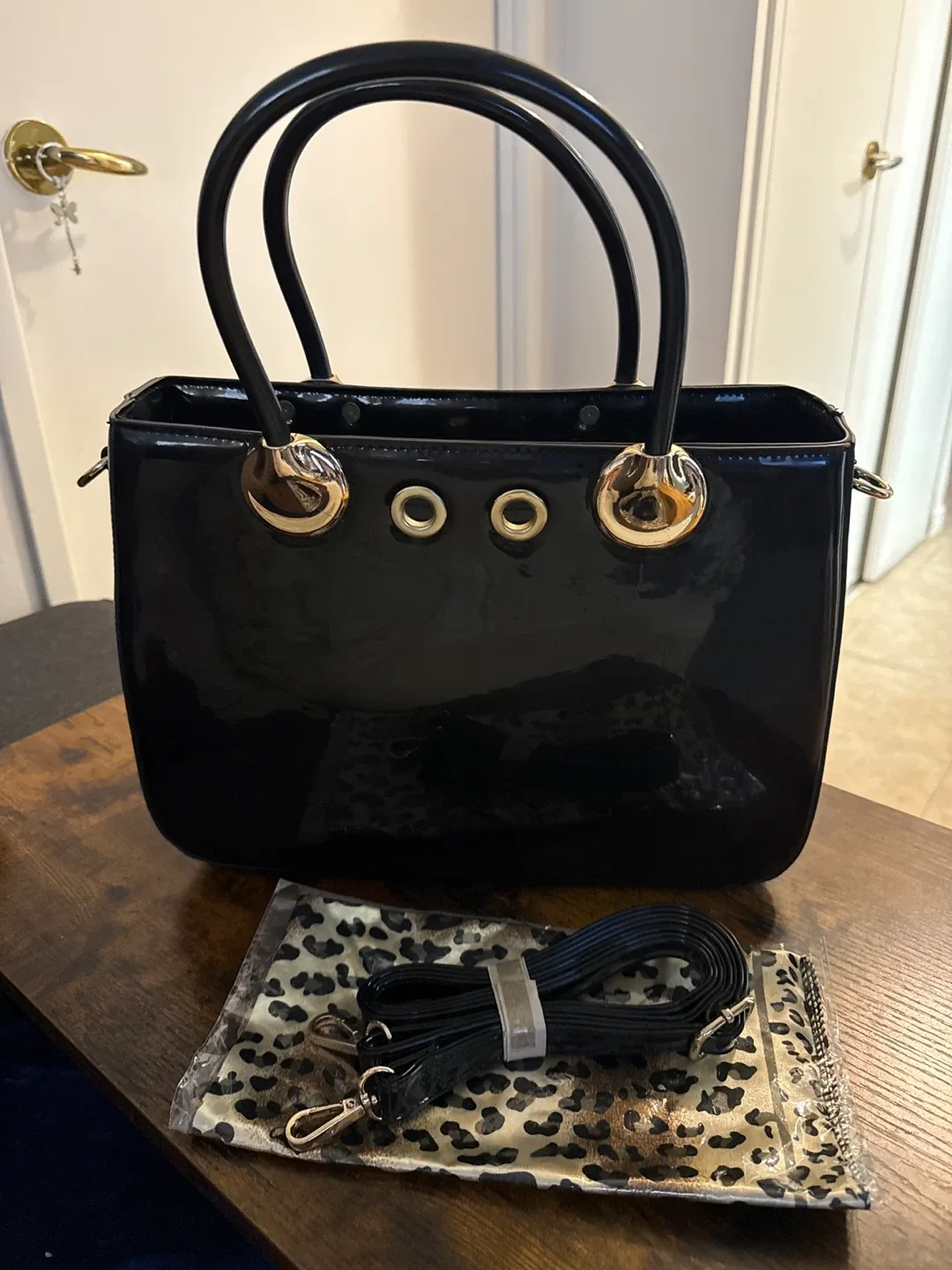Black Patent Leather Handbag with Scarf & Strap
