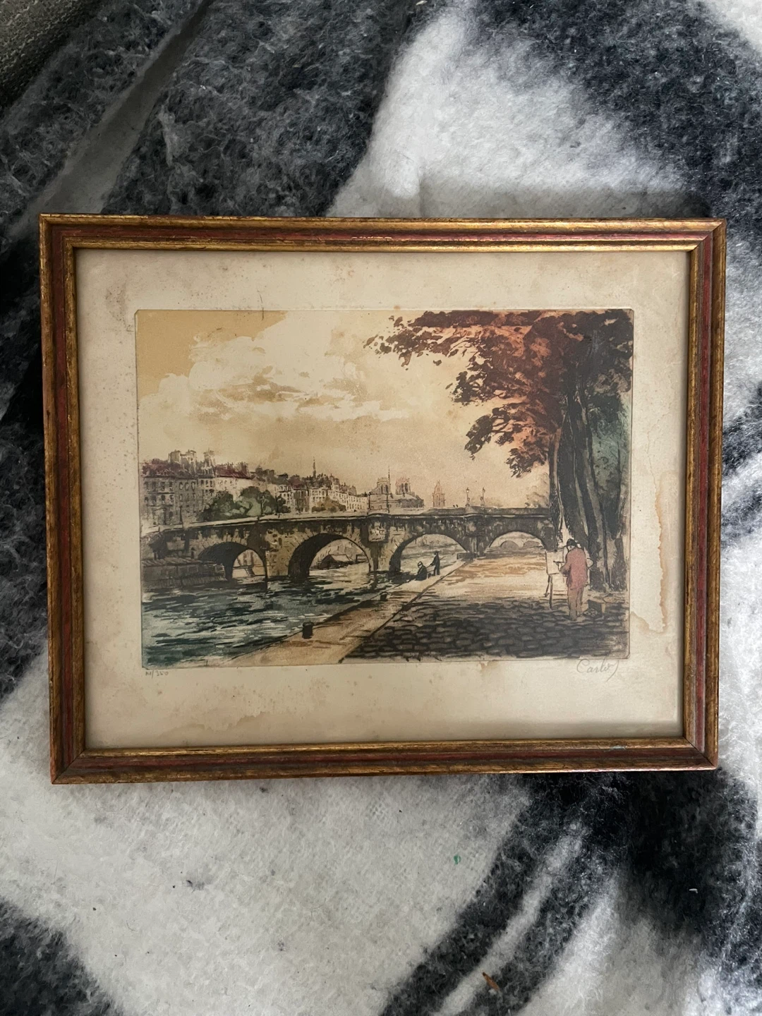 Vintage Framed Print of Paris Bridge Scene - photo 2