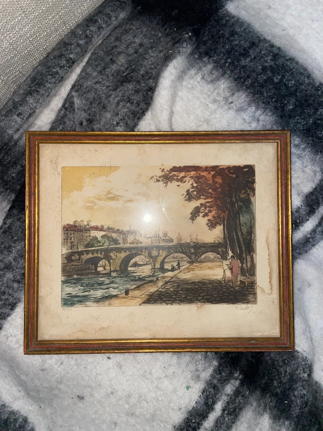 Vintage Framed Print of Paris Bridge Scene