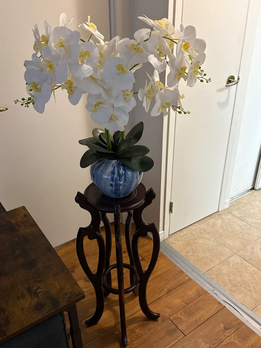 Artificial White Orchid with Blue Vase & Wood Stand image indicator(2)