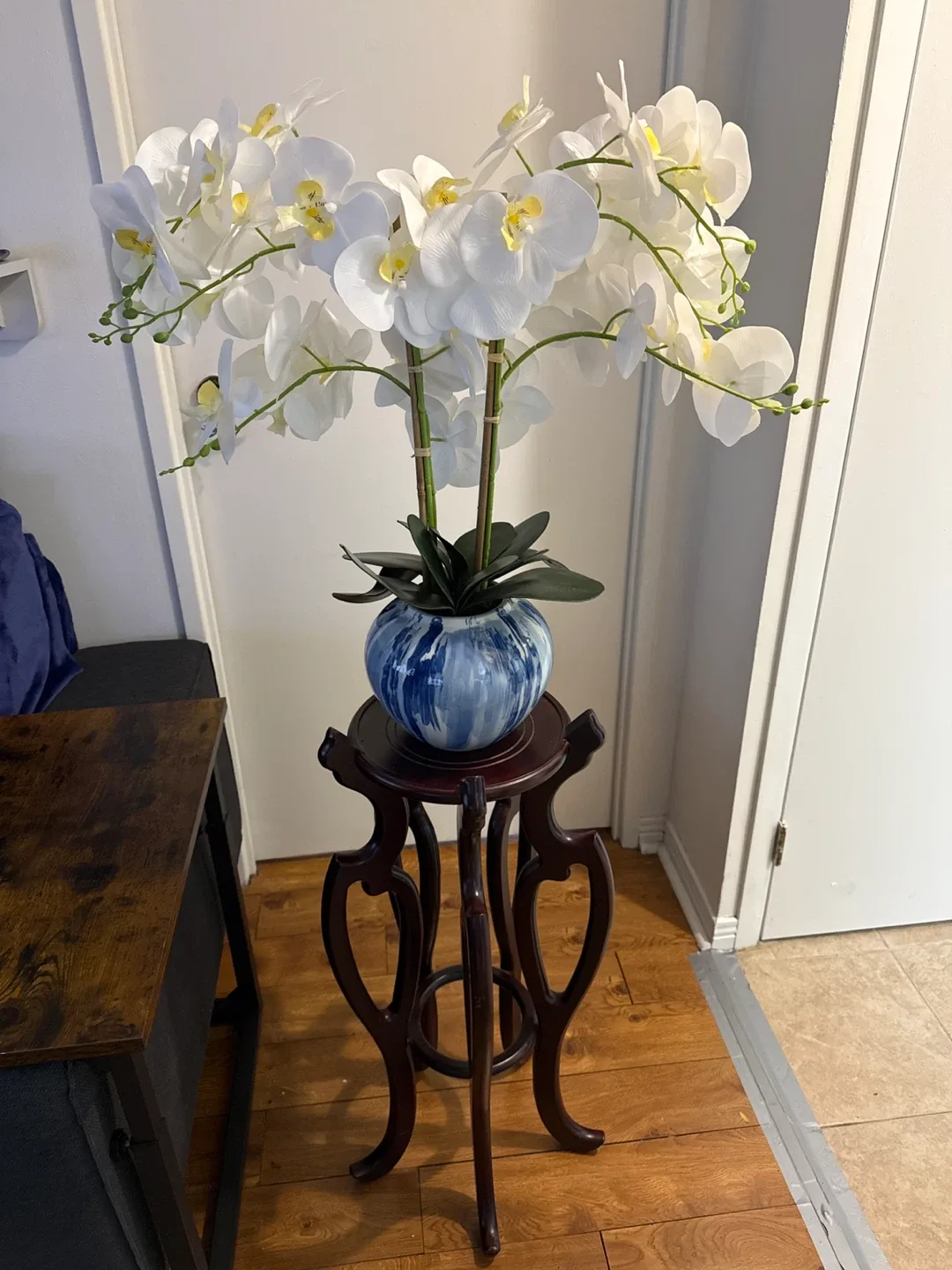 Artificial White Orchid with Blue Vase & Wood Stand