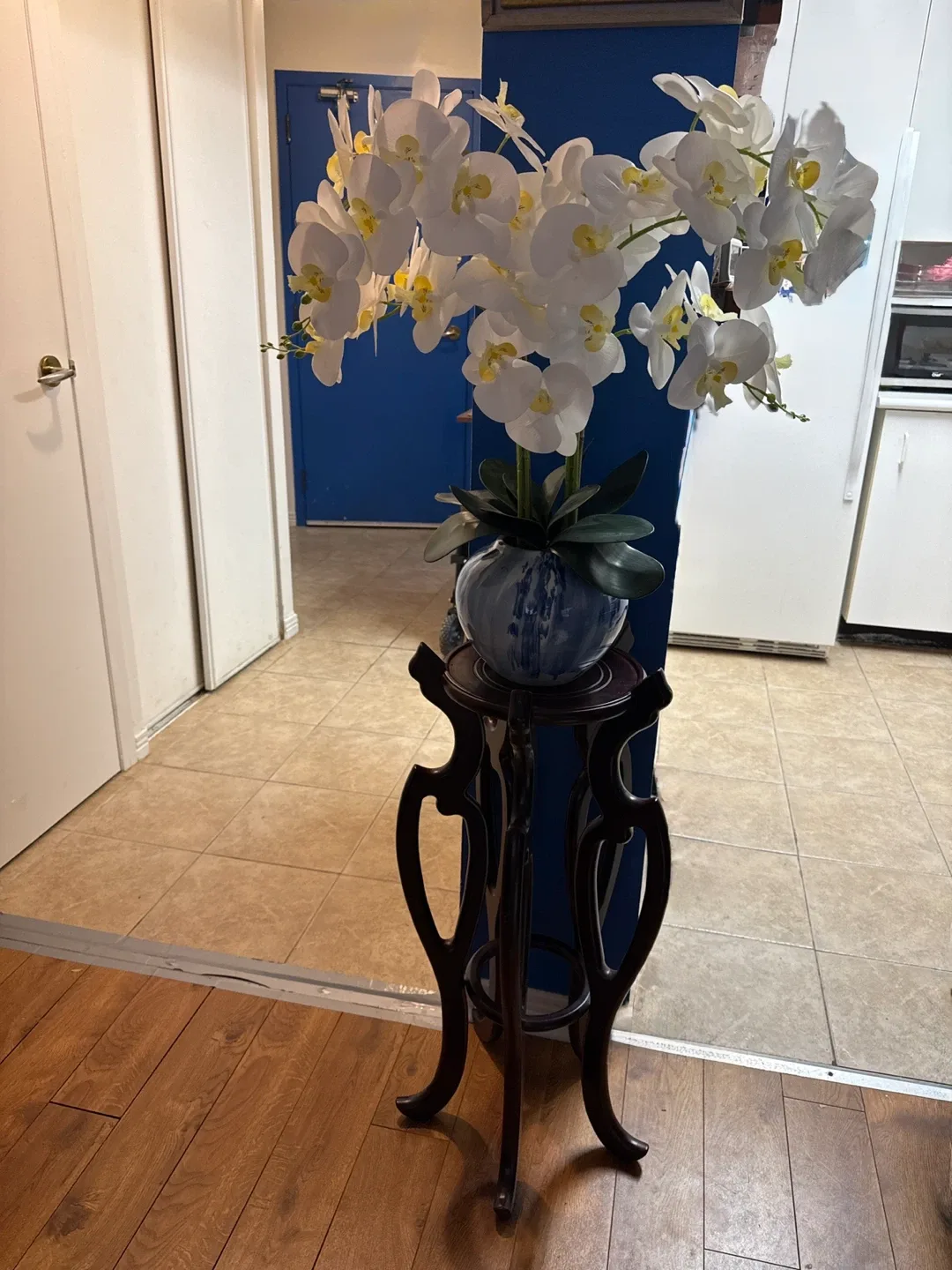 Artificial White Orchid with Blue Vase & Wood Stand image indicator(3)