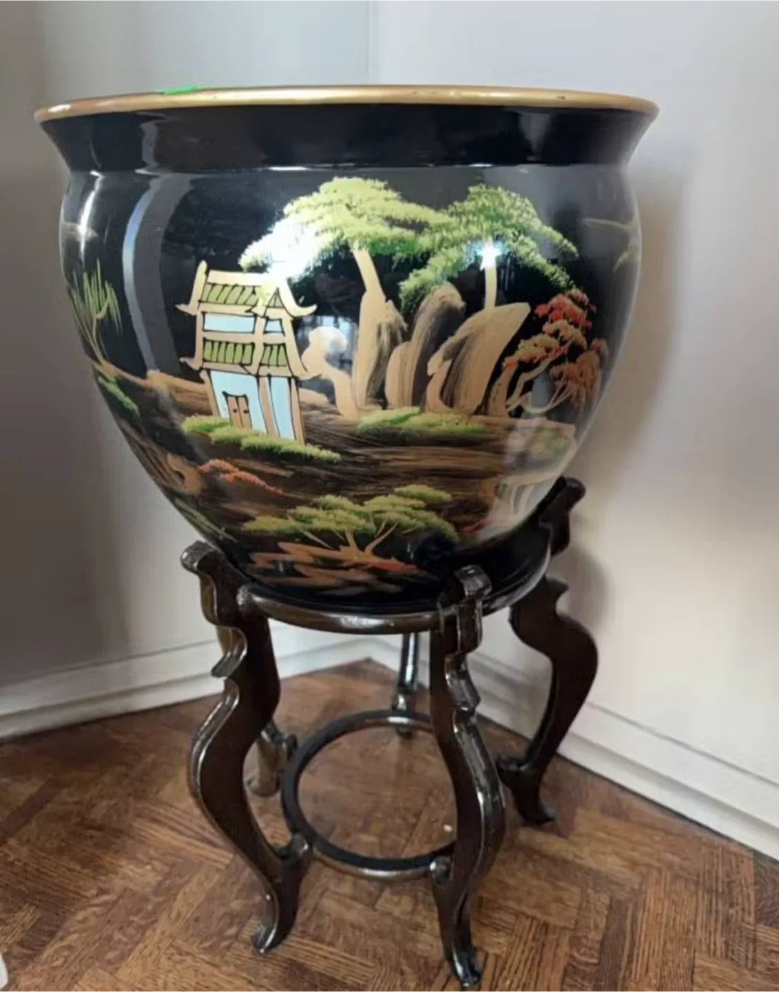 Vintage Black Fishbowl Planter with Stand