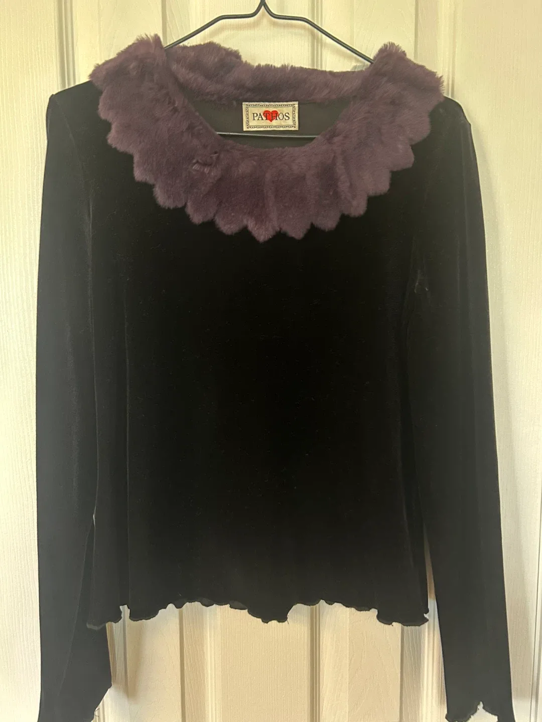 Black Velvet Top with Purple Faux Fur Collar
