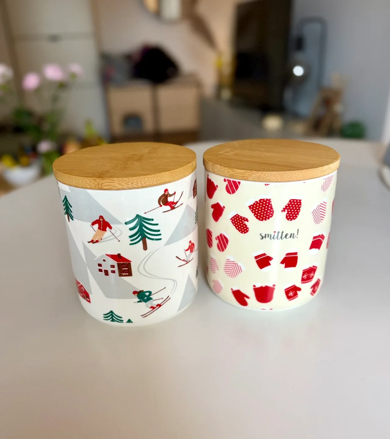 Set of 2 Holiday-Themed Canisters with Bamboo Lids