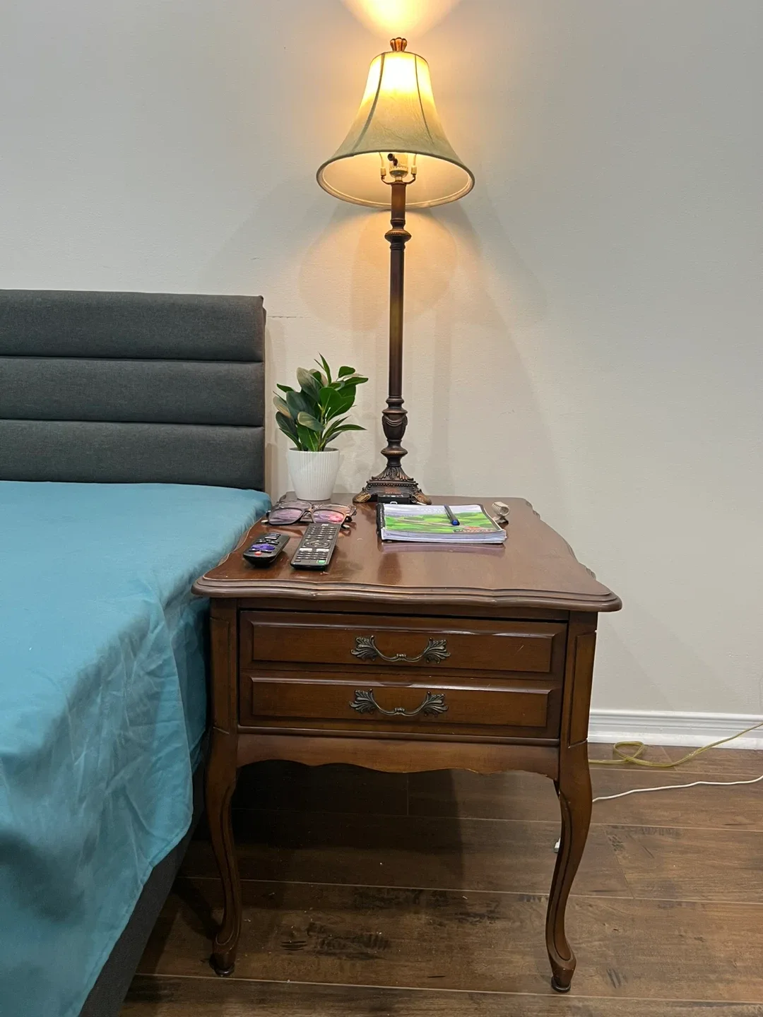 Two Wooden Nightstand with Two lamps