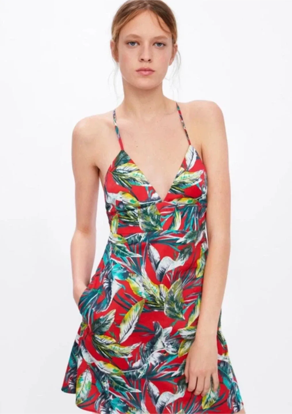 Zara Red Tropical Print Mini Dress sz M