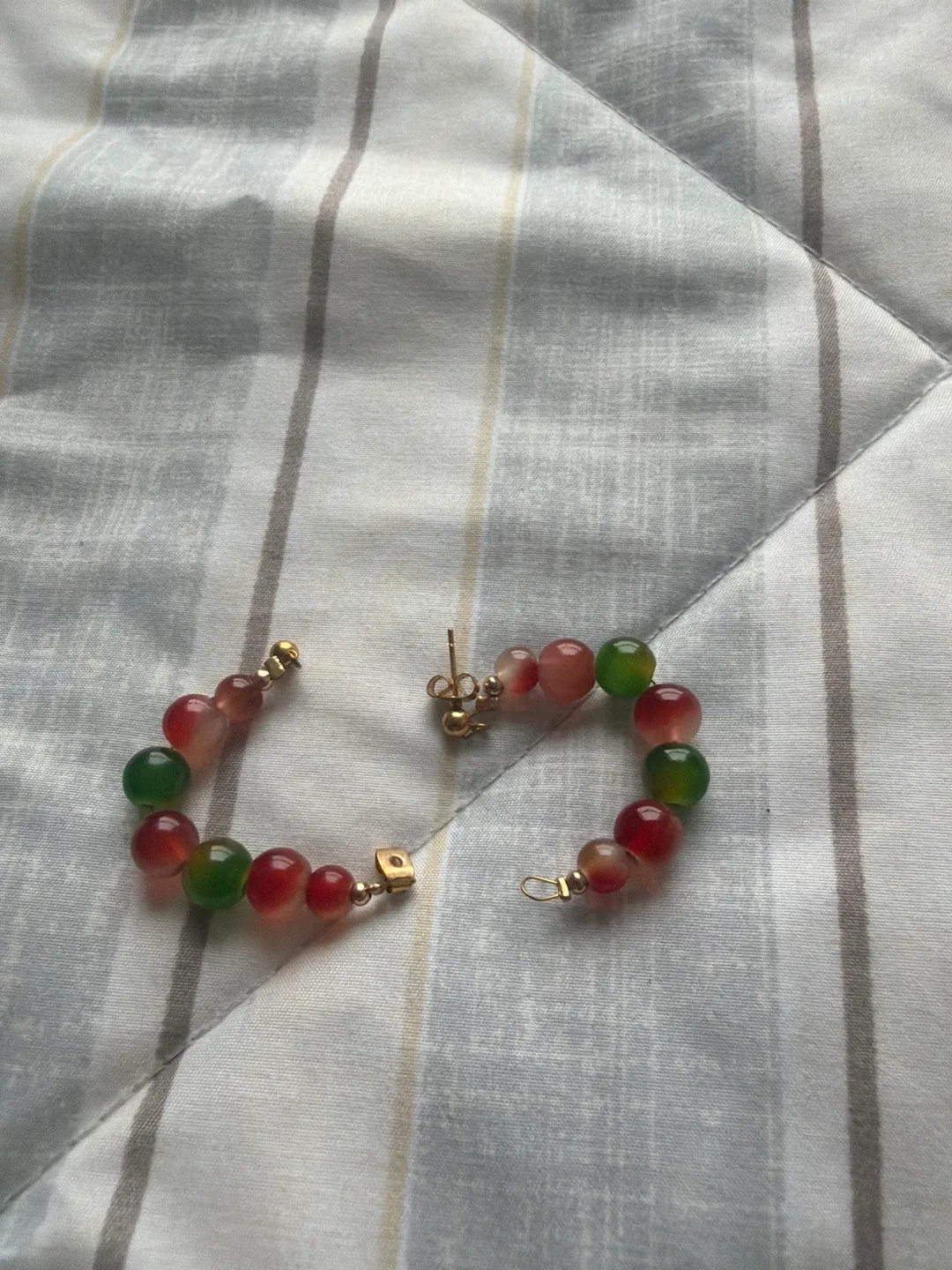 Beaded Hoop Earrings - Red, Green, Gold