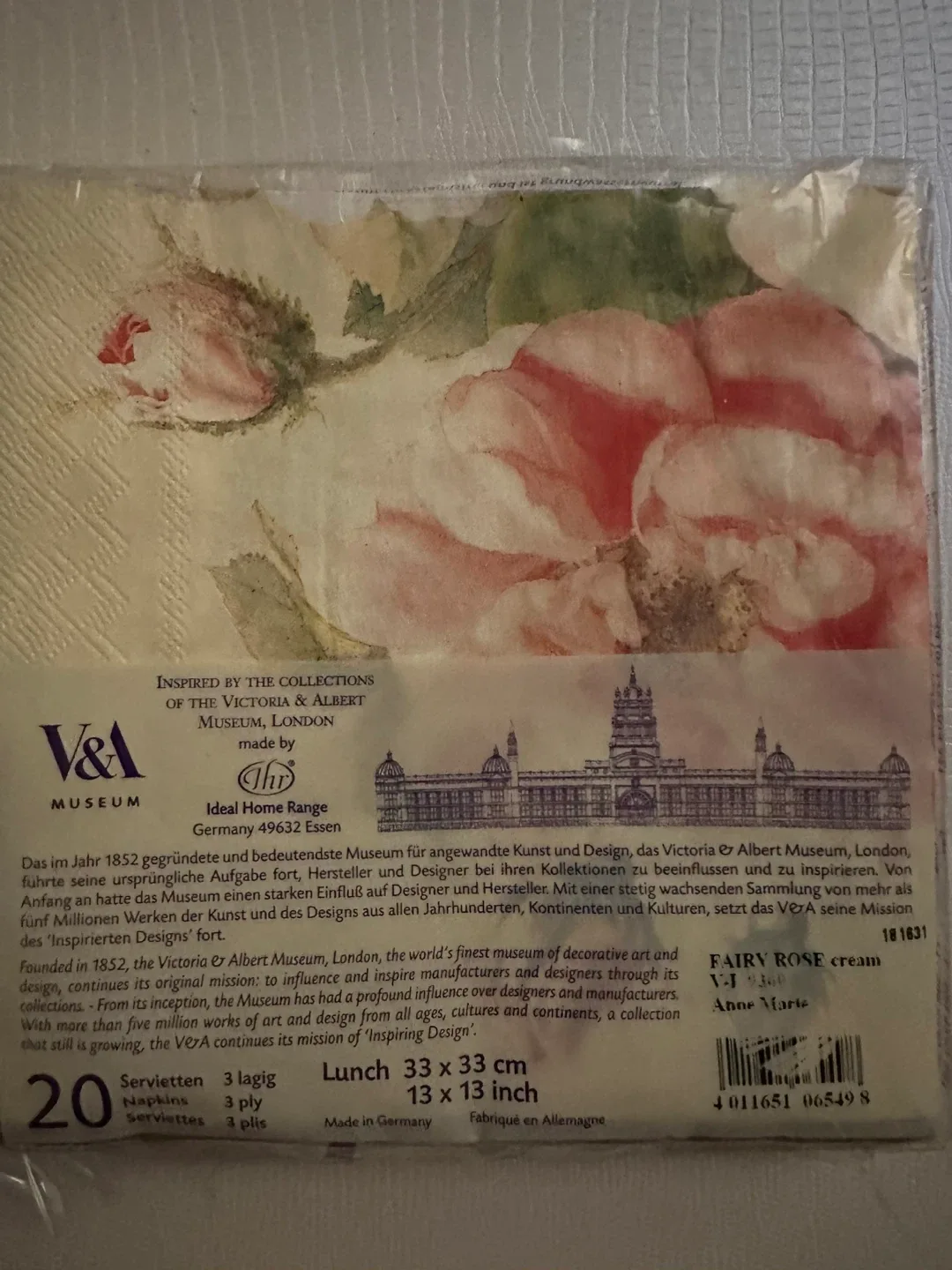 V&A Museum Fairy Rose Cream Napkins - New image indicator(3)