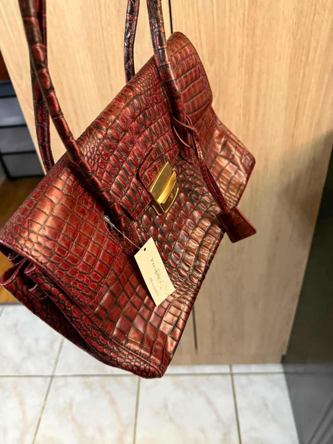 Preston & York Red Leather Croc Embossed Satchel