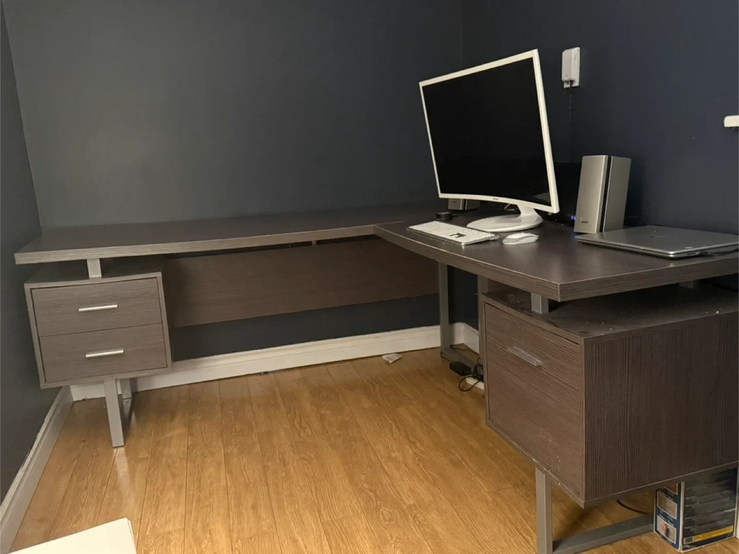 L-Shaped Grey Desk with Drawers