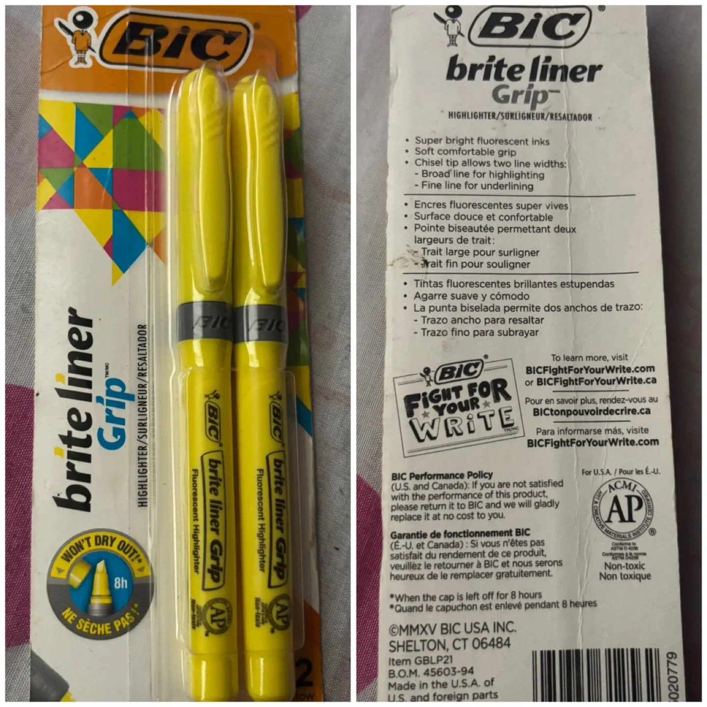 (BIC) Brite Liner Grip Highlighters - Yellow