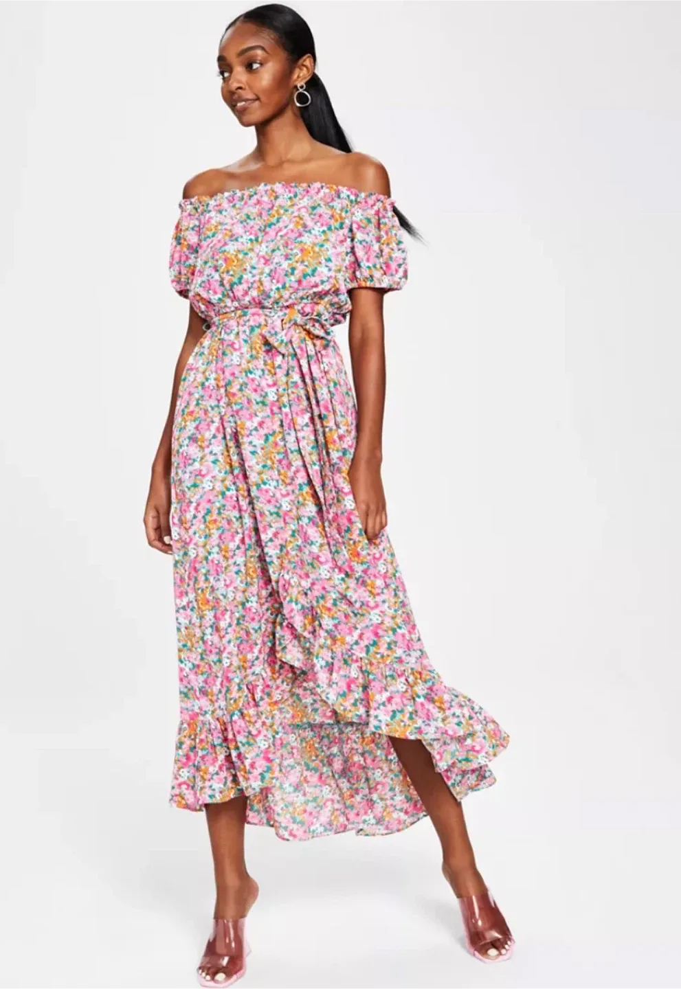 Bar III Women's Floral-Print Off-The-Shoulder Dress sz S