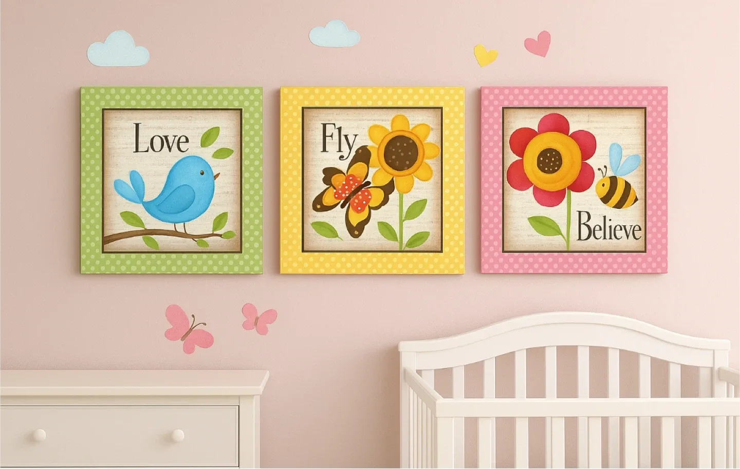 Set of 3 Kids' Room Wall Art - Love, Fly, Believe