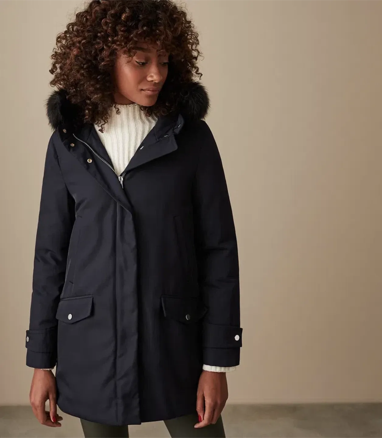 Reiss Rosy Parka with faux fur trim - Navy Blue