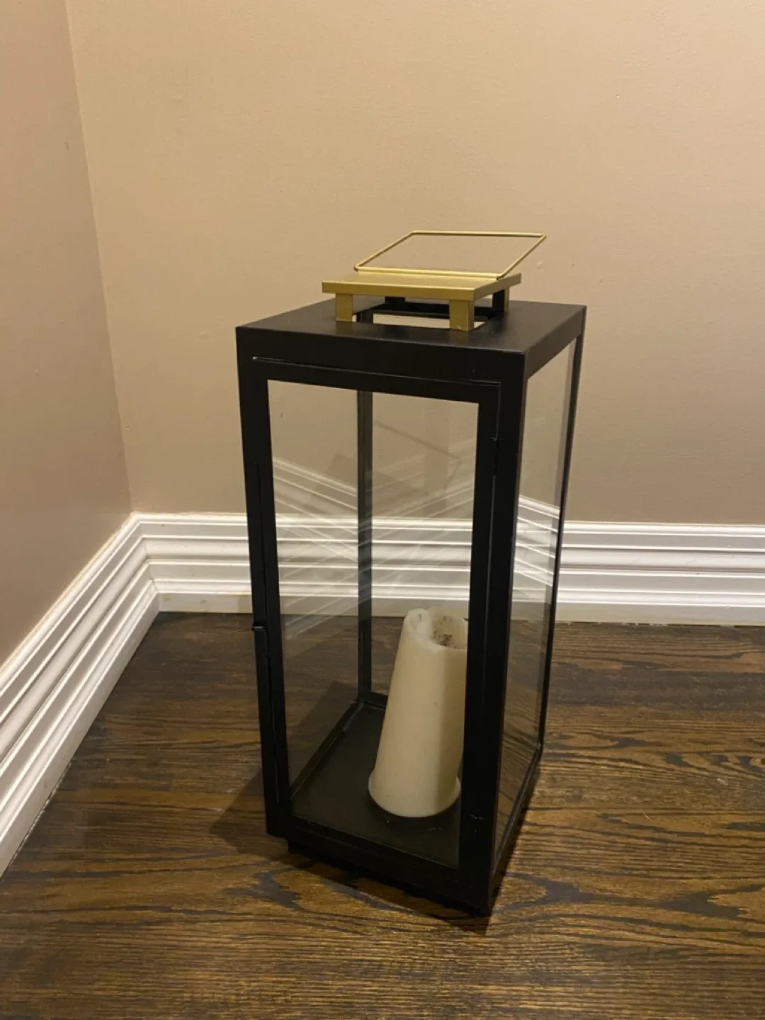 Black Metal & Glass Lantern with Gold Accents