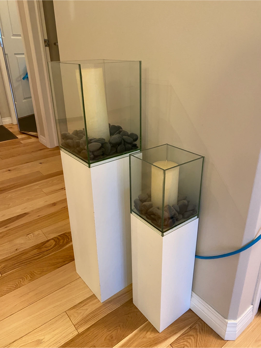 Glass & White Wood Candle Holders - Set of 2