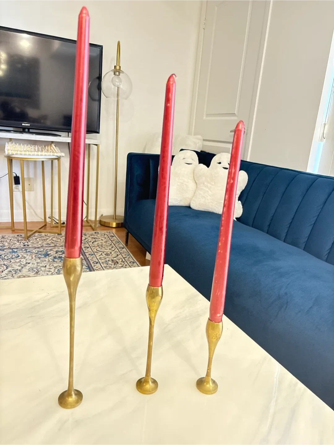Red Taper Candles with Brass Holders (Set of 3) image indicator(2)