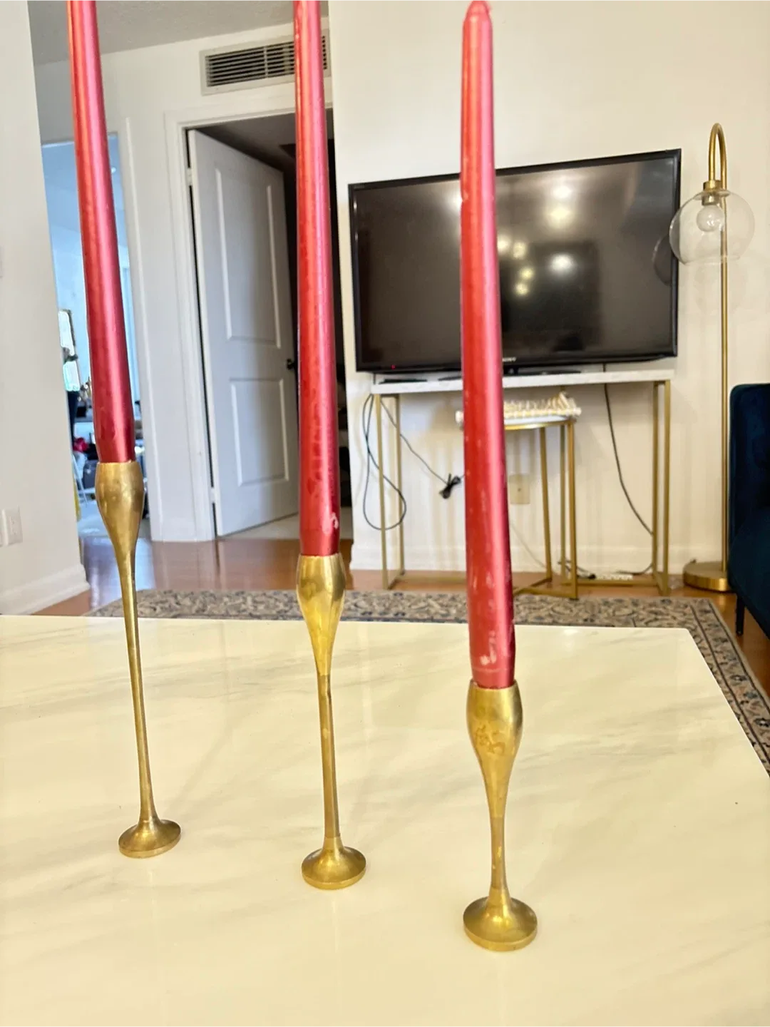 Red Taper Candles with Brass Holders (Set of 3) image indicator(3)