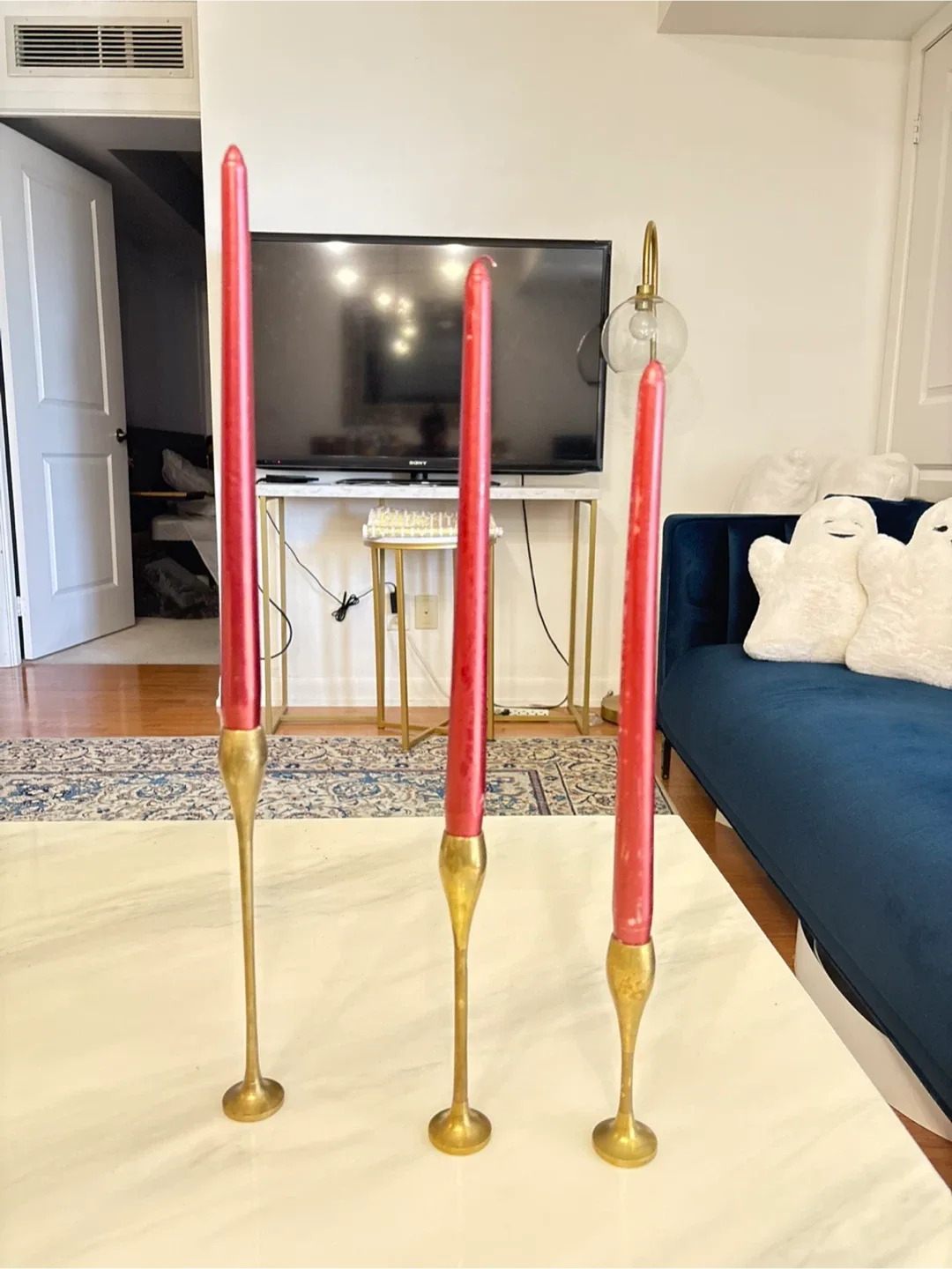 Red Taper Candles with Brass Holders (Set of 3)