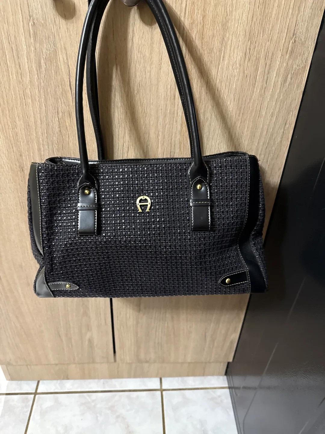 Aigner Black Woven Leather Tote Bag