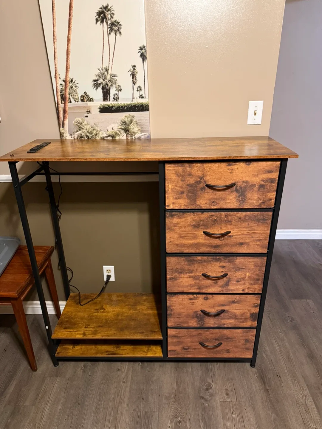 Wood & Black Desk with 5 Drawers