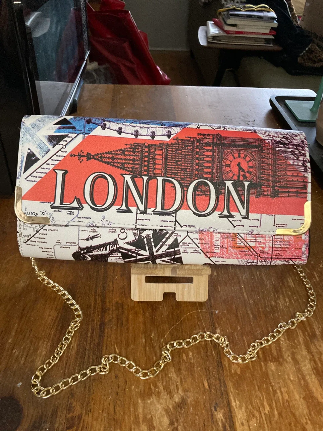 London Print Clutch with Gold Chain