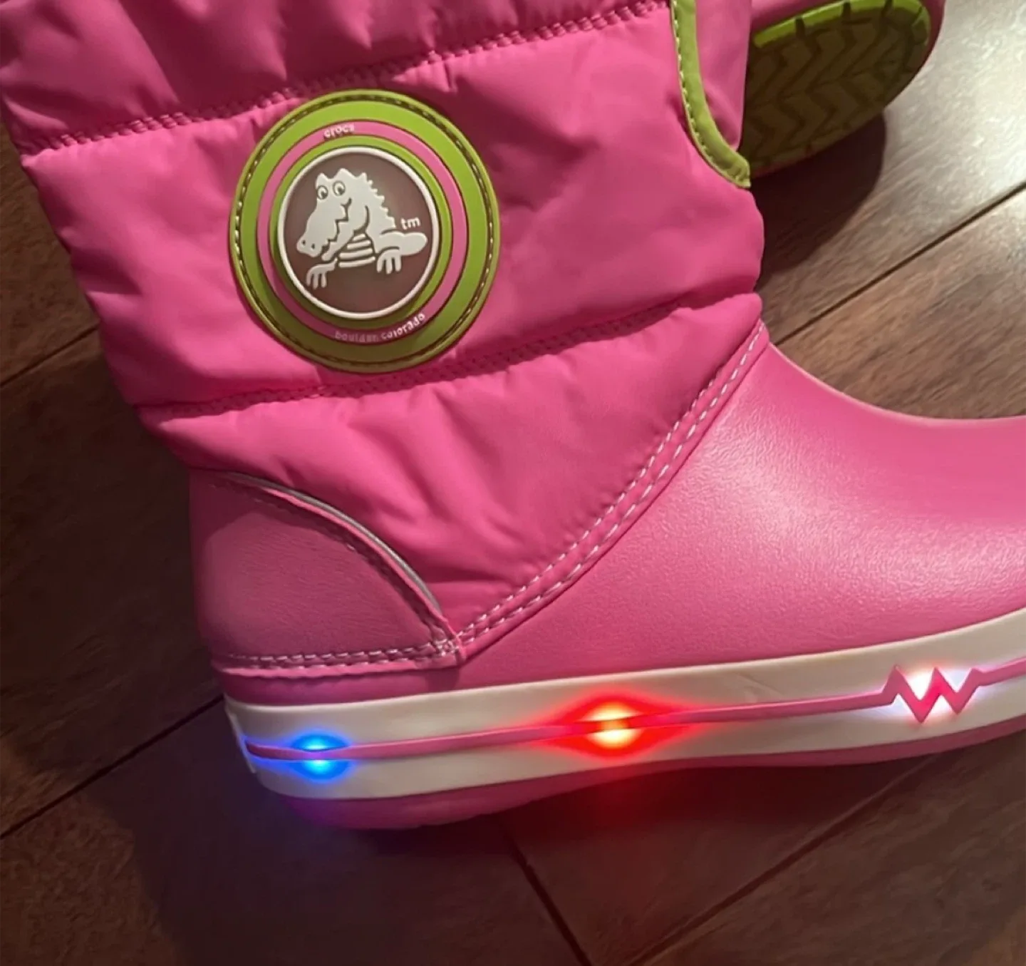 Crocs Pink Winter Puff Boots with Lights women size 6 image indicator(3)