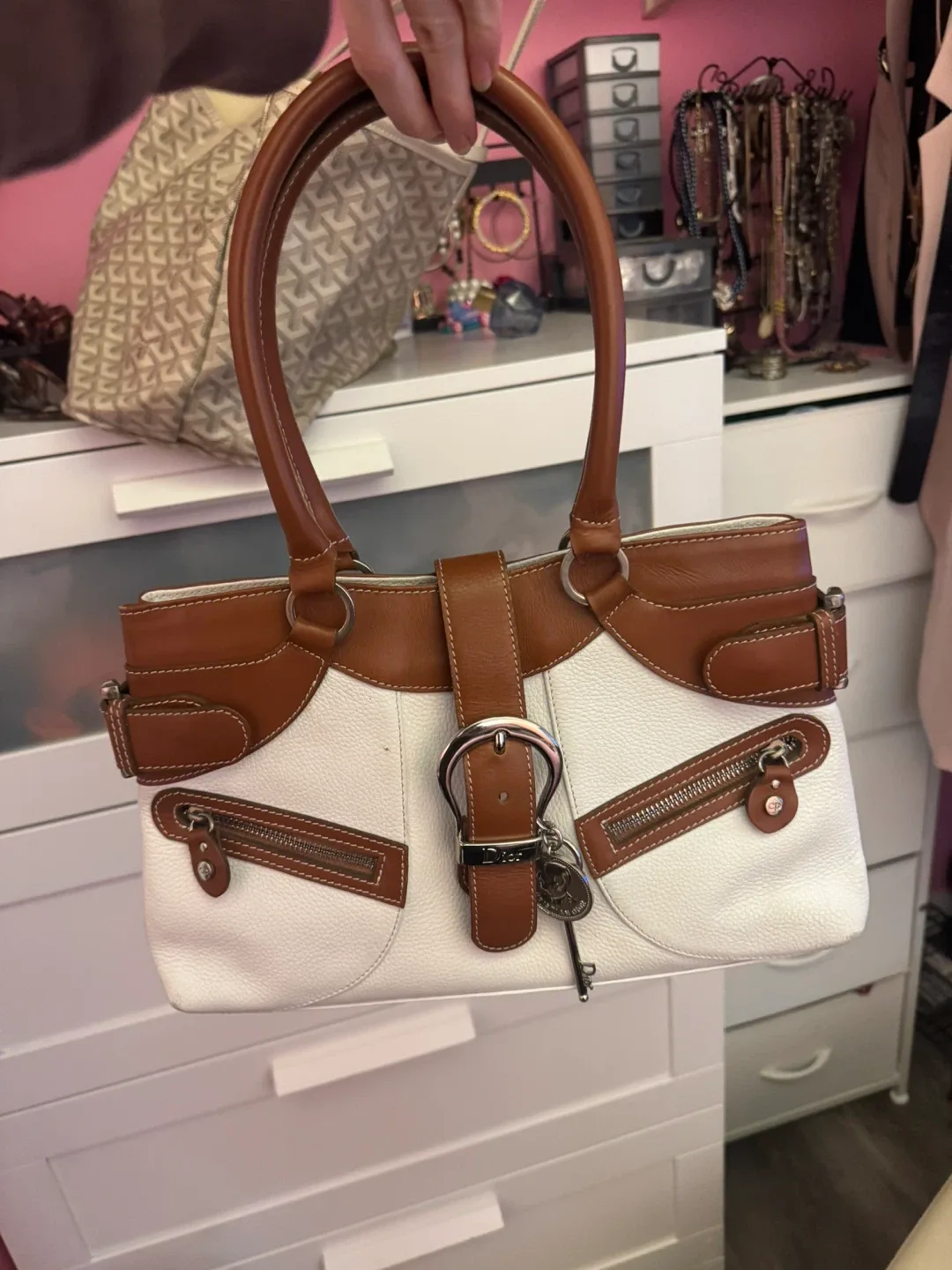 Christian Dior White & Brown Leather Handbag