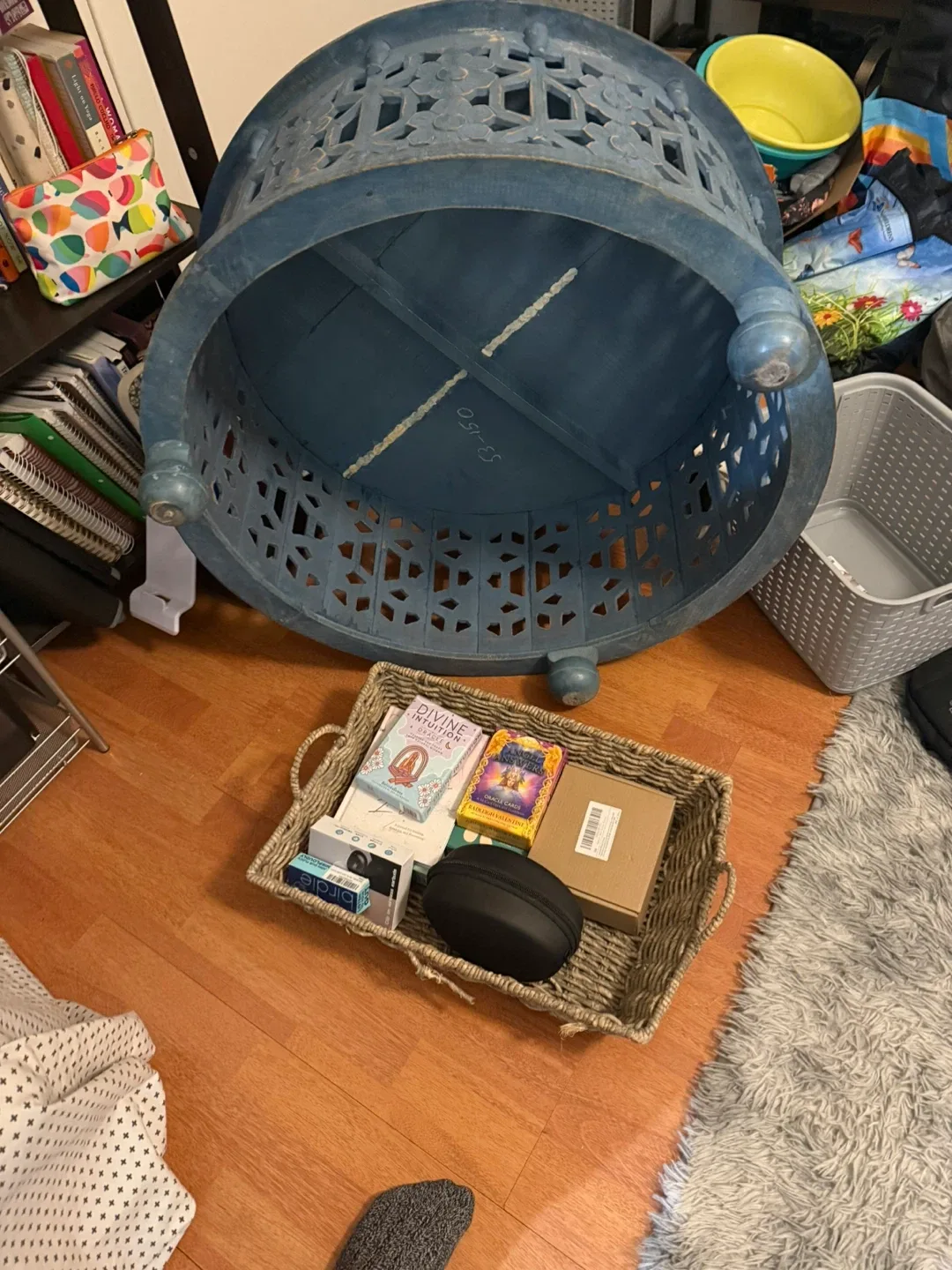 Blue Round Carved Wood Coffee Table