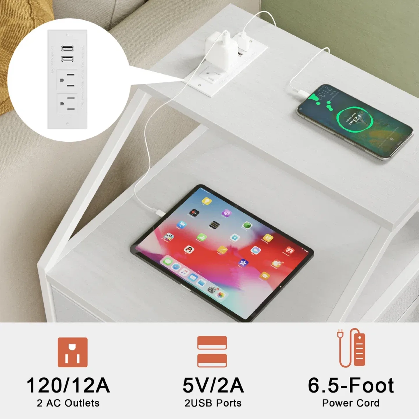 Bedside End Tables - Set of 2, built-in charging & drawers image indicator(3)