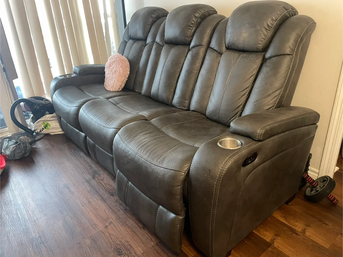 Grey 3-Seat Reclining Sofa with Cupholders