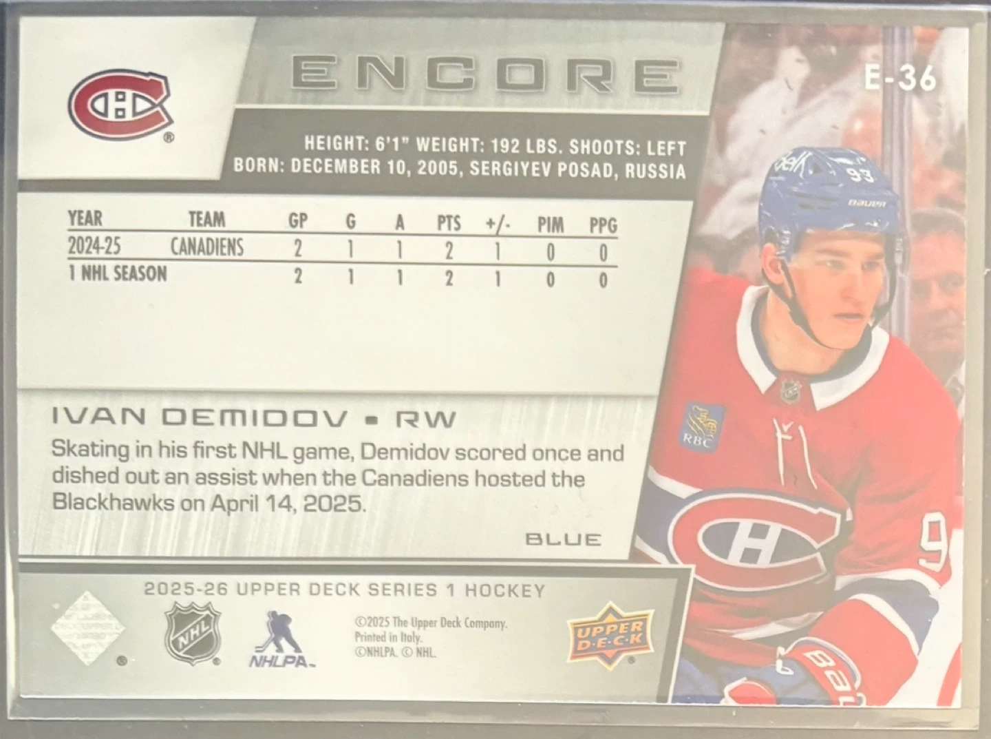 Ivan Demidov Montreal Canadiens Hockey Card - photo 2