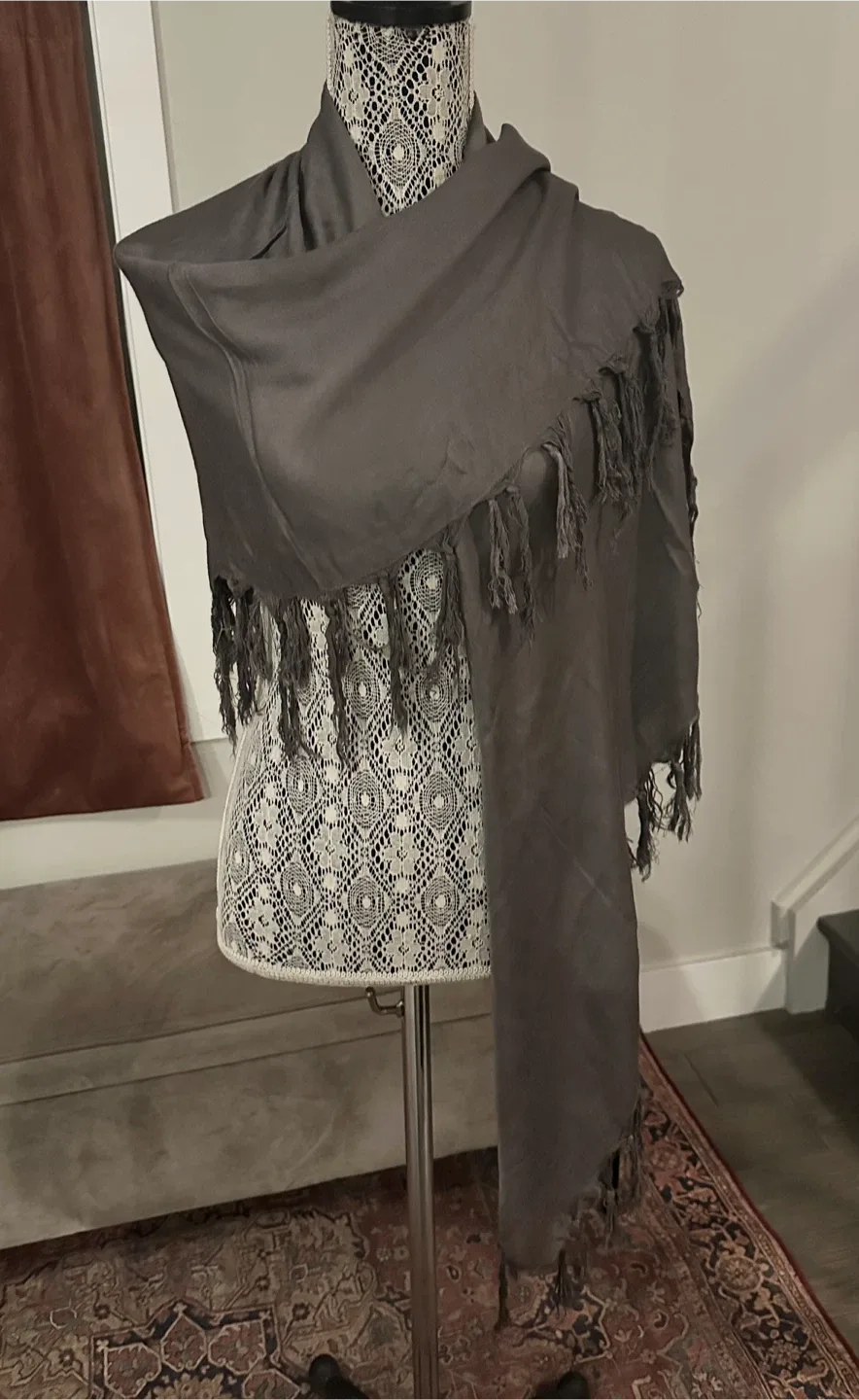 Large Square Grey Scarf with Fringe - New - Free