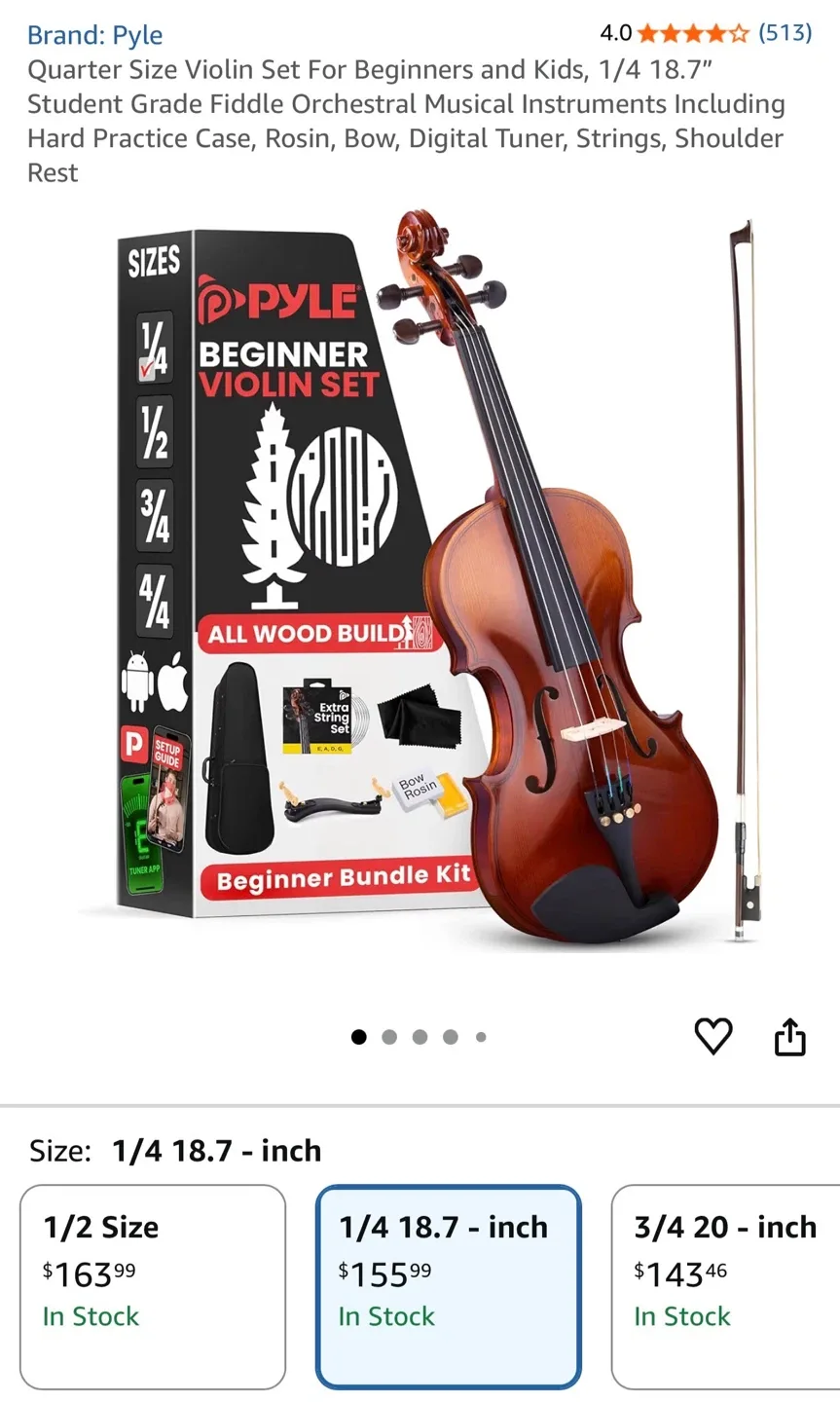 New! Pyle 1/4 Size Violin with Accessory Kit image indicator(5)