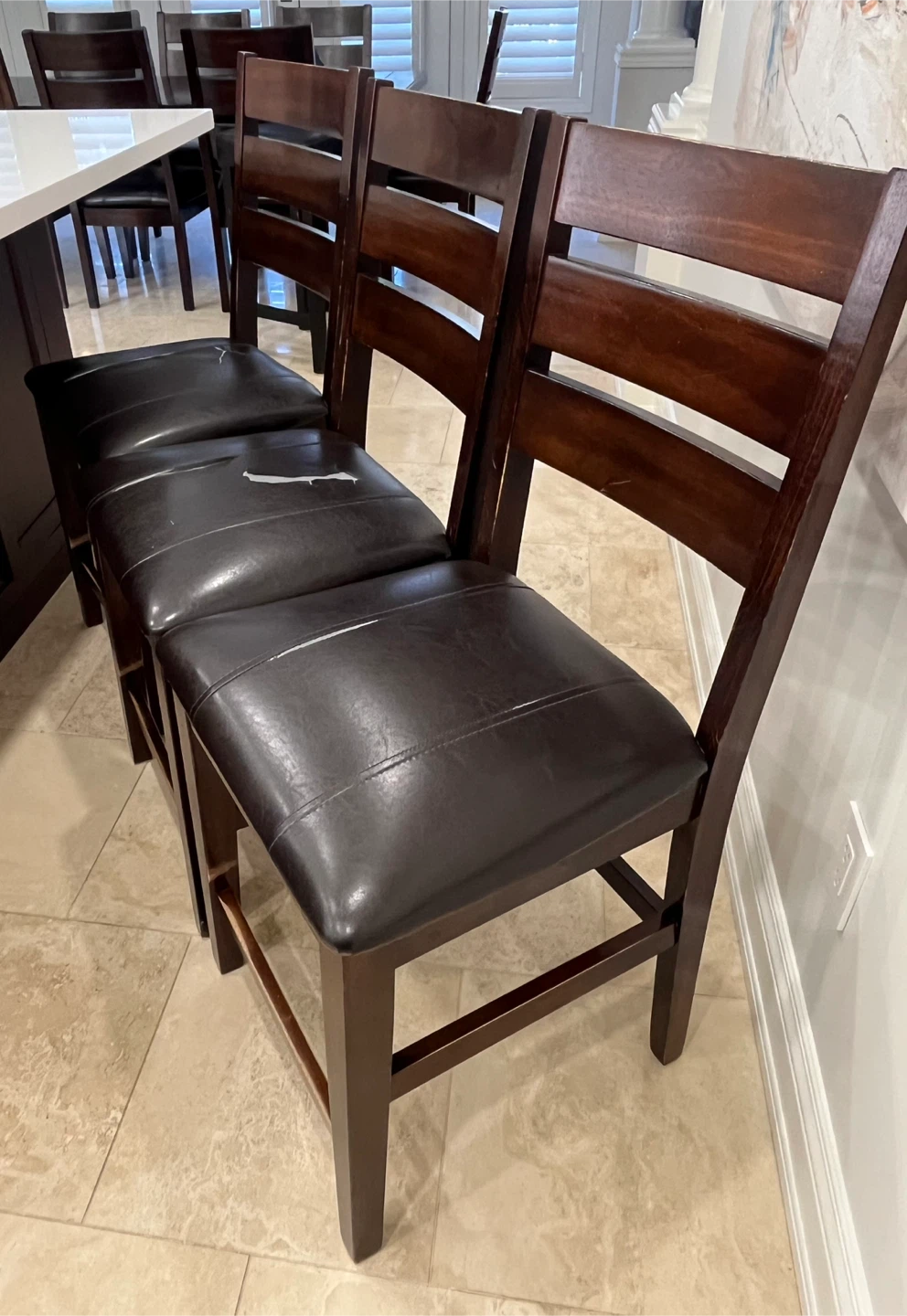 Set of 3 Counter Stools / Chairs- Brown Wood & Black Leatherette - photo 2