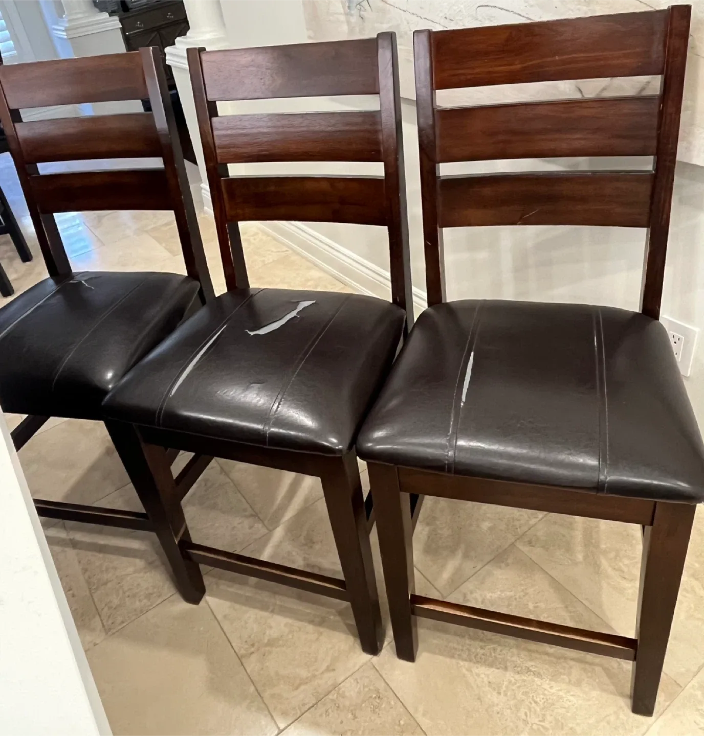 Set of 3 Counter Stools / Chairs- Brown Wood & Black Leatherette