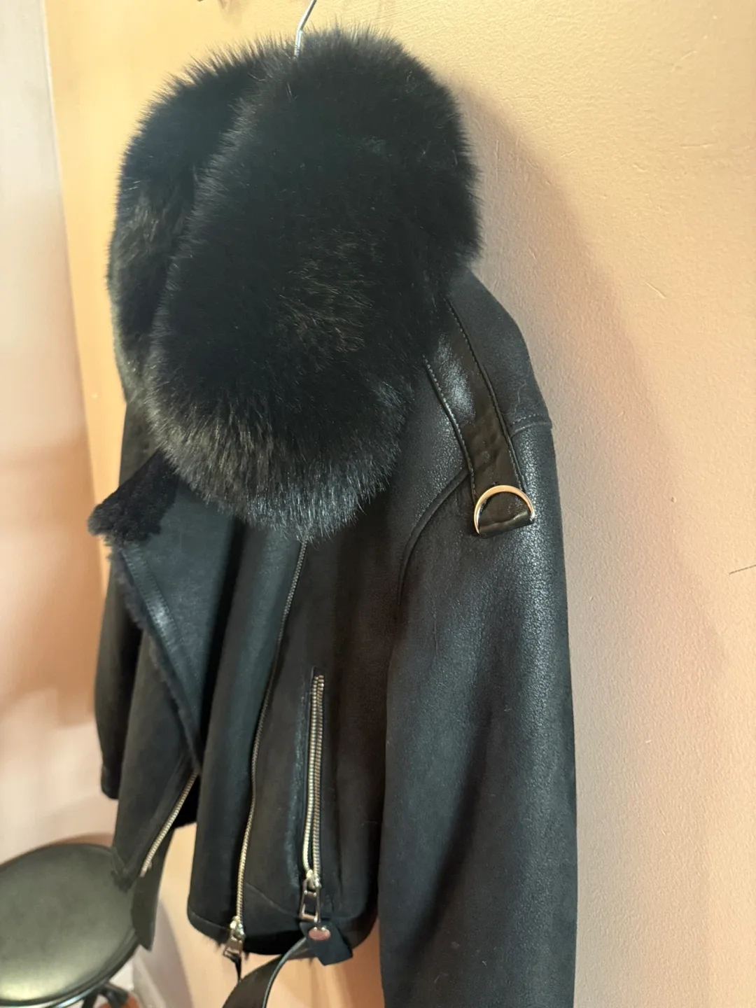 AKTAS Leather Black Jacket with Fur Collar