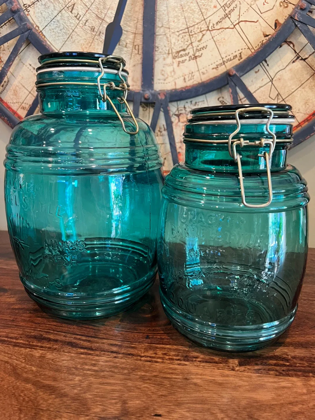 Vintage Cracker Barrel Teal Green Glass Jars image indicator(4)