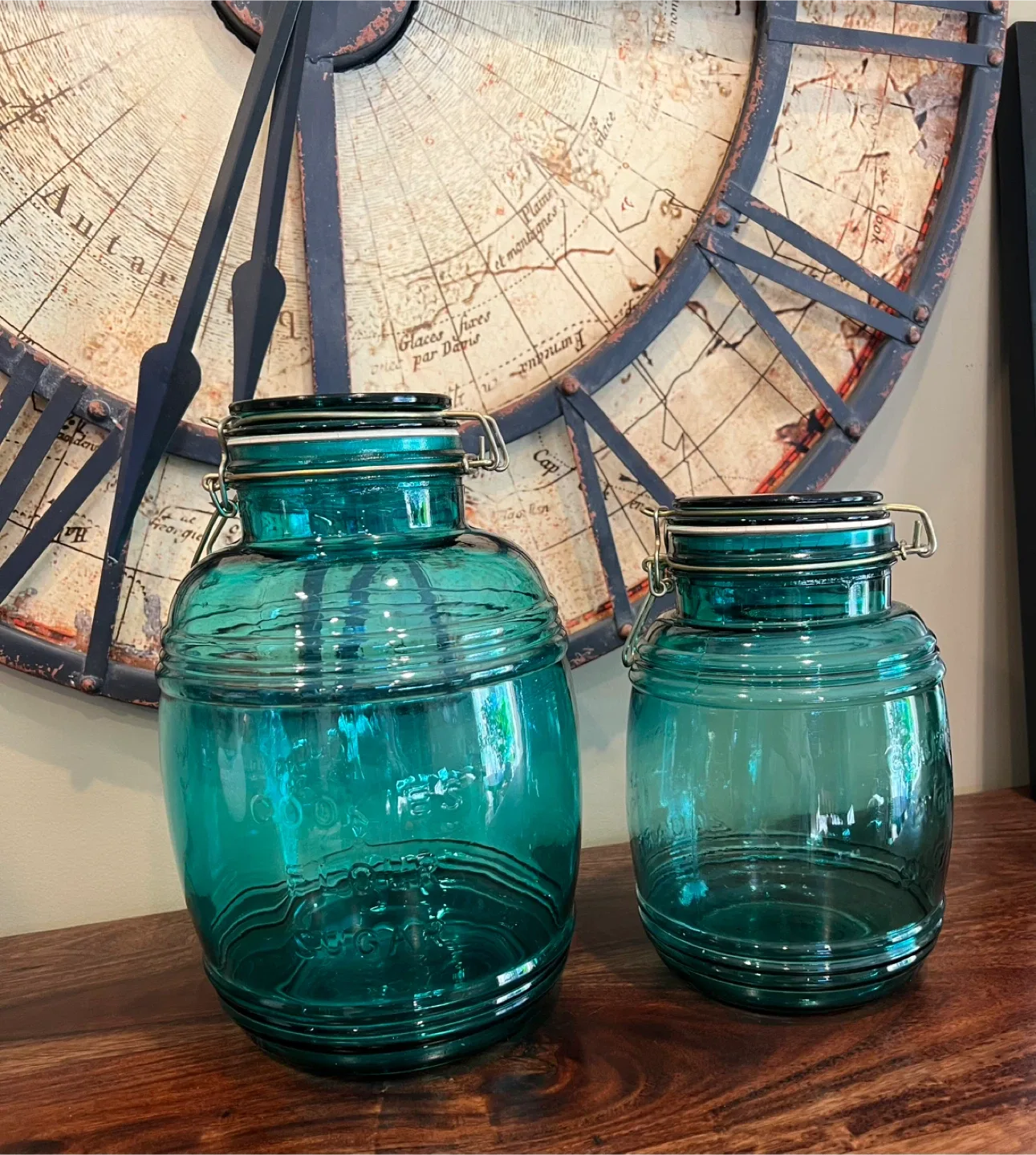 Vintage Cracker Barrel Teal Green Glass Jars